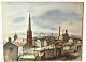 23 Vintage Signed Floyd Berg Watercolor Painting Industrial Town Church Tower