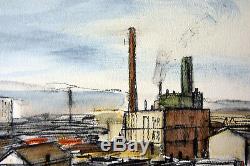 23 Vintage Signed Floyd Berg Watercolor Painting Industrial Town Church Tower