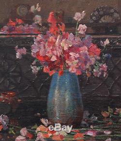 Donald H Floyd Floral Still Life Interior Art Deco 1931 Oil Painting 1892-1965