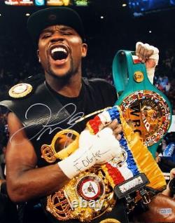 Floyd Mayweather Signed Autographed Holding Belts 16x20 Photo TRISTAR