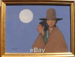 Native American couple under full moon Exceptional painting signed Floyd Lee