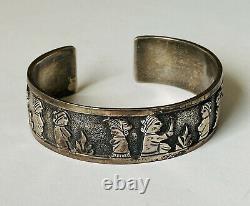 Old Pawn Navajo Floyd Becenti Signed Sterling Silver Storyteller Cuff Bracelet