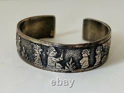 Old Pawn Navajo Floyd Becenti Signed Sterling Silver Storyteller Cuff Bracelet