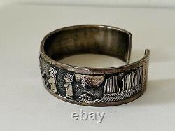 Old Pawn Navajo Floyd Becenti Signed Sterling Silver Storyteller Cuff Bracelet