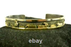 Signed FLOYD BECENTI Navajo BRACELET Story Teller Sterling Silver with12K GOLD