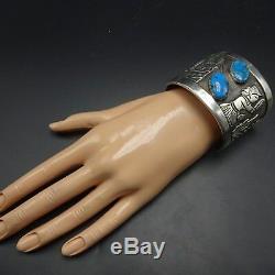 Vintage FLOYD BECENTI Sterling Silver & TURQUOISE Storyteller Cuff BRACELET 145g