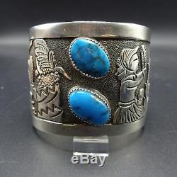 Vintage FLOYD BECENTI Sterling Silver & TURQUOISE Storyteller Cuff BRACELET 145g