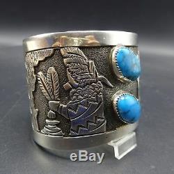 Vintage FLOYD BECENTI Sterling Silver & TURQUOISE Storyteller Cuff BRACELET 145g