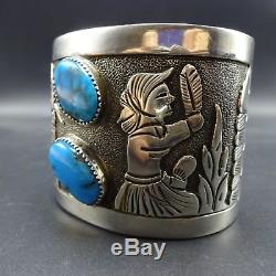 Vintage FLOYD BECENTI Sterling Silver & TURQUOISE Storyteller Cuff BRACELET 145g