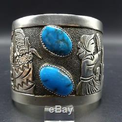 Vintage FLOYD BECENTI Sterling Silver & TURQUOISE Storyteller Cuff BRACELET 145g