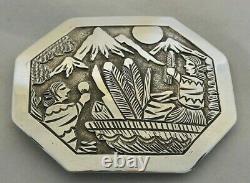 XL signed FLOYD BECENTI Navajo BELT BUCKLE Story Teller Sterling Silver NOS