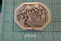 XL signed FLOYD BECENTI Navajo BELT BUCKLE Story Teller Sterling Silver NOS