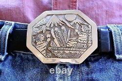 XL signed FLOYD BECENTI Navajo BELT BUCKLE Story Teller Sterling Silver NOS