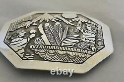 XL signed FLOYD BECENTI Navajo BELT BUCKLE Story Teller Sterling Silver NOS