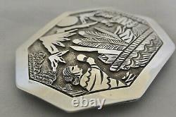 XL signed FLOYD BECENTI Navajo BELT BUCKLE Story Teller Sterling Silver NOS