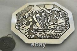 XL signed FLOYD BECENTI Navajo BELT BUCKLE Story Teller Sterling Silver NOS