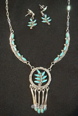Zuni Necklace & Earrings Set by FLOYD ETSATE Sterling Silver & Turquoise